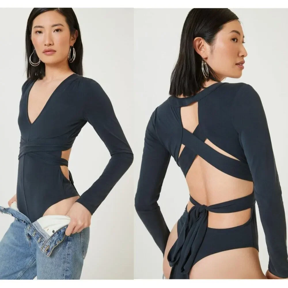 Anthropologie Black Open-Back Wrap Bodysuit
